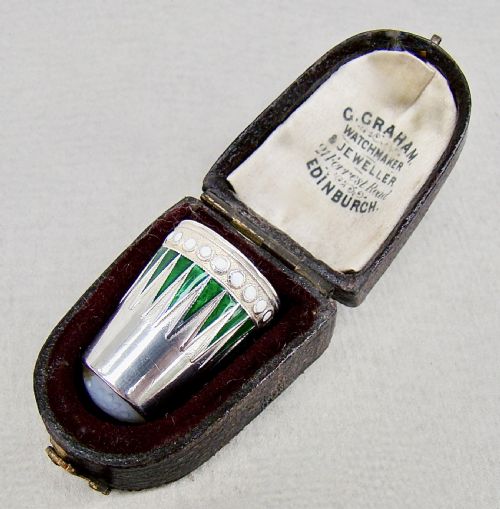 Very Rare Norwegian Silver, Enamel & Moonstone Thimble by Marius Hammer, Circa 1900