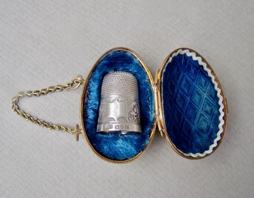 Exquisite Victorian Solid Silver Thimble Cased in Ormulu Chatelaine Egg-shaped Holder
