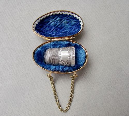 fig 1. EXQUISITE VICTORIAN SOLID SILVER THIMBLE CASED IN ORMULU CHATELAINE EGG-SHAPED HOLDER

