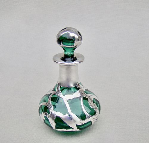 Art Nouveau Overlay Sterling Silver & Bristol Green Glass Scent Bottle, Circa 1900
