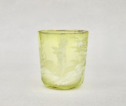 Victorian Miniature Mary Gregory Yellow Glass Beaker, Circa 1890