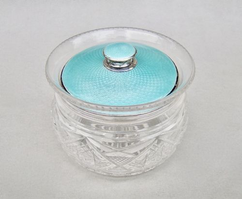 fig 1. FABULOUS ART DECO SILVER & GUILLOCHE ENAMEL TOILETRY JAR BY CHARLES GREEN & CO, BIRMINGHAM 1925