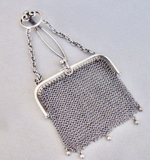 fig 1. STERLING SILVER COCKTAIL CHAIN MAIL PURSE ON CHATELAINE HOOK, CIRCA 1900