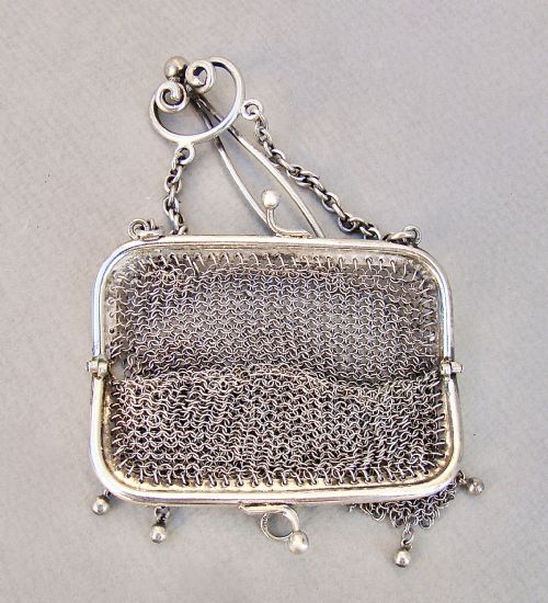 fig 2. STERLING SILVER COCKTAIL CHAIN MAIL PURSE ON CHATELAINE HOOK, CIRCA 1900