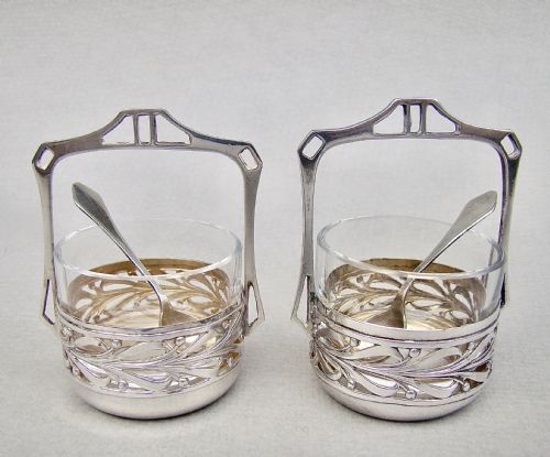 Exquisite Pair of Art Nouveau German Silver Jugendstil Salts & Spoons, Circa 1900
