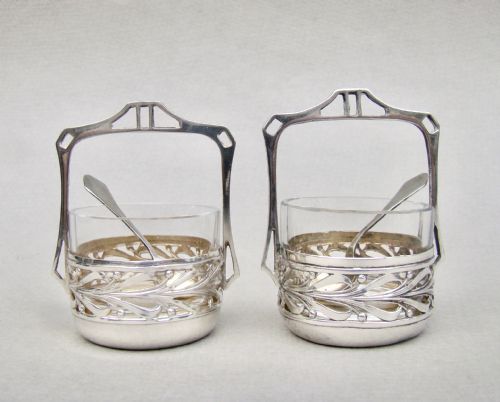 fig 1. EXQUISITE PAIR OF ART NOUVEAU GERMAN SILVER JUGENDSTIL SALTS & SPOONS, CIRCA 1900
