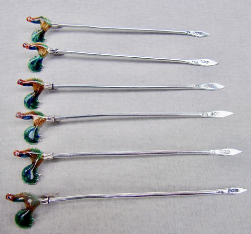 fig 1. ART DECO CASED SET OF SIX STERLING SILVER ENAMELLED COCKEREL COCKTAIL STICKS BY A. SCOTT, BIRMINGHAM 1928