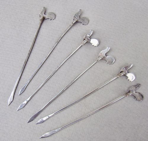 fig 2. ART DECO CASED SET OF SIX STERLING SILVER ENAMELLED COCKEREL COCKTAIL STICKS BY A. SCOTT, BIRMINGHAM 1928