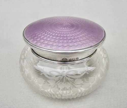 EXQUISITE ART DECO SILVER LILAC GUILLOCHE ENAMEL DRESSING TABLE JAR BY THE ADIE BROTHERS BIRMINGHAM 1929 - ADDITIONAL PHOTO 1