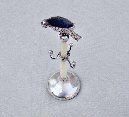 fig 1. VERY RARE GEORGE V SILVER PARROT PIN CUSHION & RING TREE BY ADIE & LOVEKIN, BIRMINGHAM 1922