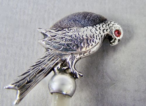 fig 2. VERY RARE GEORGE V SILVER PARROT PIN CUSHION & RING TREE BY ADIE & LOVEKIN, BIRMINGHAM 1922