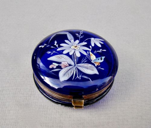 Exquisite 19th C. French Bristol Blue Glass Enamelled Trinket Box, Circa 1890