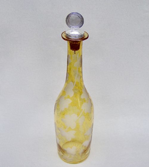 fig 1. UNUSUAL SILVER MOUNTED ETCHED AMBER GLASS DECANTER BY JAMES COLLINS, LONDON 1892