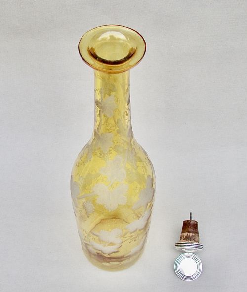 fig 2. UNUSUAL SILVER MOUNTED ETCHED AMBER GLASS DECANTER BY JAMES COLLINS, LONDON 1892