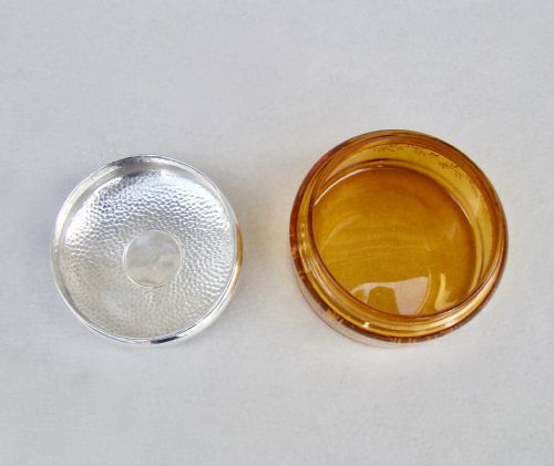 fig 1. ARTS & CRAFT SILVER & AMBER GLASS DRESSING TABLE JAR, CHESTER 1909