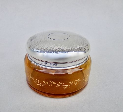 Arts & Craft Silver & Amber Glass Dressing Table Jar, Chester 1909
