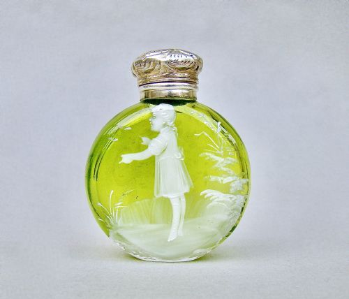 Exquisite Victorian Silver Mounted Mary Gregory Enamelled Glass Scent Bottle , Circa 1890