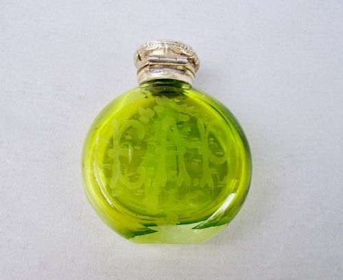 fig 1. EXQUISITE VICTORIAN SILVER MOUNTED MARY GREGORY ENAMELLED GLASS SCENT BOTTLE , CIRCA 1890