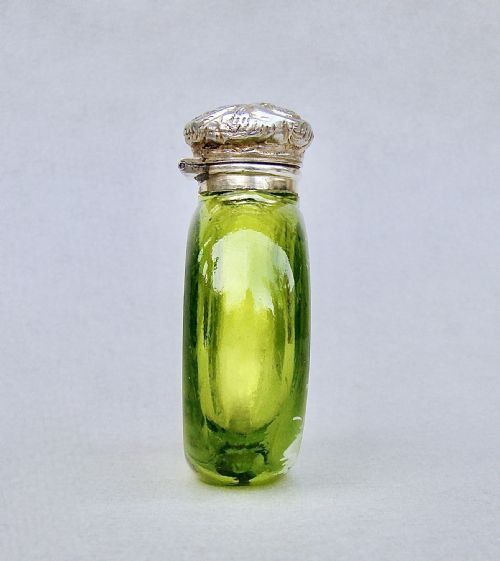 fig 2. EXQUISITE VICTORIAN SILVER MOUNTED MARY GREGORY ENAMELLED GLASS SCENT BOTTLE , CIRCA 1890