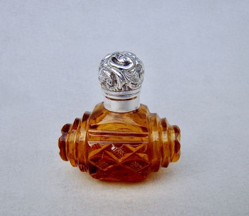 Charming Edwardian Silver and Amber Glass Scent Bottle by George Henry James, Birmingham 1903