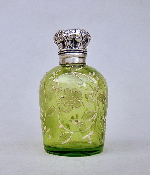 Charming Victorian Silver Mounted Green Moser Glass Scent Bottle, Circa 1890
