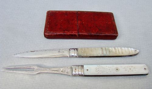fig 2. RARE GEORGIAN SILVER AND MOTHER OF PEARL CASED FRUIT FORK & FRUIT KNIFE, CIRCA 1795