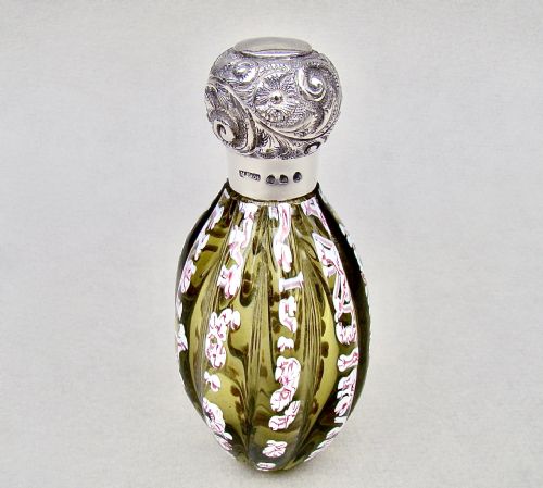 fig 1. RARE 19TH CENTURY SILVER MOUNTED BOHEMIAN TRAILED GLASS SCENT BOTTLE.