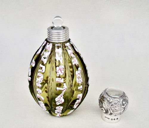 fig 3. RARE 19TH CENTURY SILVER MOUNTED BOHEMIAN TRAILED GLASS SCENT BOTTLE.