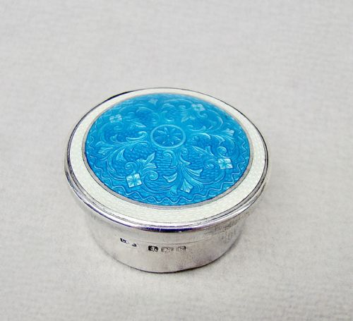 fig 1. FABULOUS SILVER AND GUILLOCHE ENAMEL PILL BOX BY LEVI & SALAMAN, BIRMINGHAM 1909