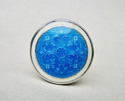 fig 2. FABULOUS SILVER AND GUILLOCHE ENAMEL PILL BOX BY LEVI & SALAMAN, BIRMINGHAM 1909