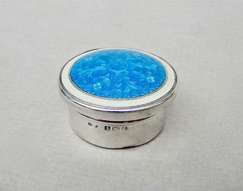 fig 3. FABULOUS SILVER AND GUILLOCHE ENAMEL PILL BOX BY LEVI & SALAMAN, BIRMINGHAM 1909