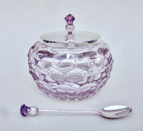 fig 1. FABULOUS ART DECO SILVER & AMETHYST GLASS PRESERVE JAR BY WILSON & GILL, SHEFFIELD 1929