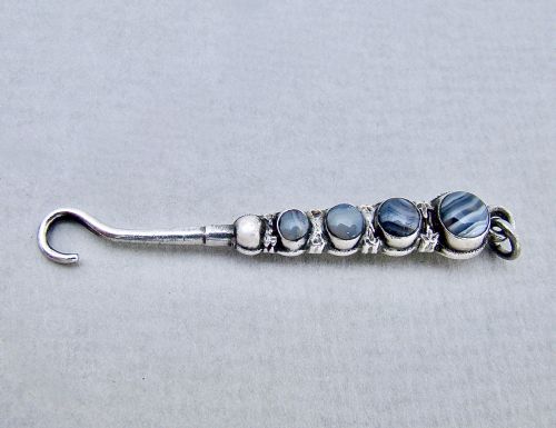 Rare Victorian Silver & Grey Banded Agate Chatelaine Button Hook by Adie & Lovekin, Birmingham 1894
