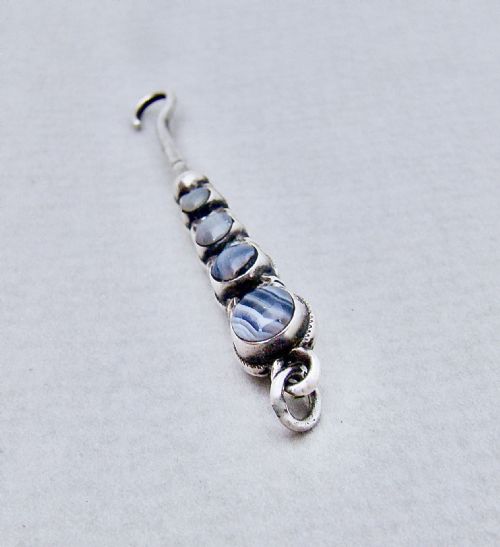 fig 1. RARE VICTORIAN SILVER & GREY BANDED AGATE CHATELAINE BUTTON HOOK BY ADIE & LOVEKIN, BIRMINGHAM 1894