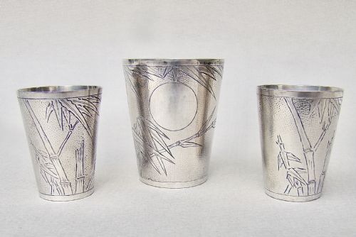 Rare Set of Three Meiji Period Japanese Silver Spirit Measures