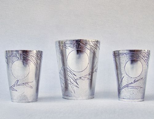 fig 1. RARE SET OF THREE MEIJI PERIOD JAPANESE SILVER SPIRIT MEASURES