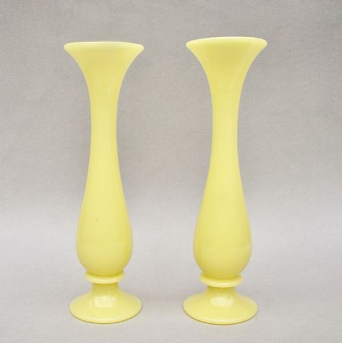 Rare Pair of French Portieux Vallerysthal Vaseline Yellow Opaline Glass Specimen Vases 
