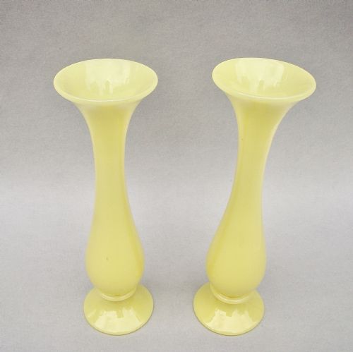 fig 1. RARE PAIR OF FRENCH PORTIEUX VALLERYSTHAL VASELINE YELLOW OPALINE GLASS SPECIMEN VASES
