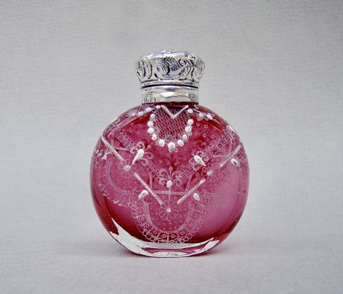 Victorian Silver Mounted Moser Glass Scent Bottle by the Mousley Brothers, Birmingham 1896