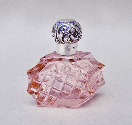 fig 1. RARE VICTORIAN SILVER & PEACH SLICED-CUT GLASS SCENT BOTTLE BY CHARLES MAY BIRMINGHAM 1898