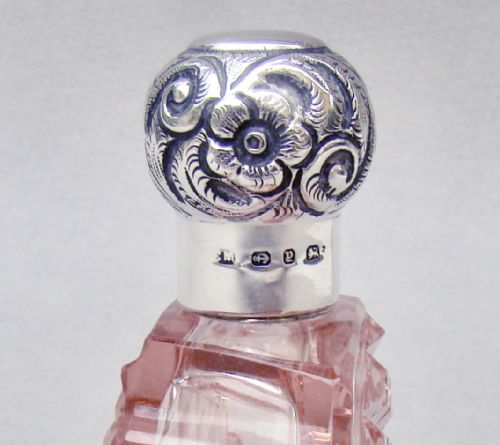 fig 3. RARE VICTORIAN SILVER & PEACH SLICED-CUT GLASS SCENT BOTTLE BY CHARLES MAY BIRMINGHAM 1898