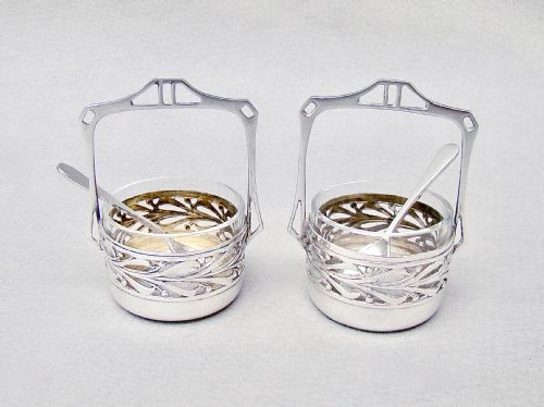 fig 1. EXQUISITE PAIR OF ART NOUVEAU GERMAN SILVER JUGENDSTIL SALTS & SPOONS, CIRCA 1900