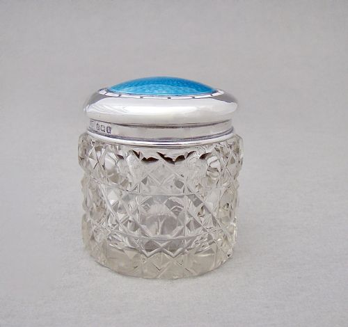 fig 1. EDWARDIAN SILVER & DUAL COLOUR GUILLOCHE ENAMEL ROUGE POT BY LEVI & SALAMAN, BIRMINGHAM 1910