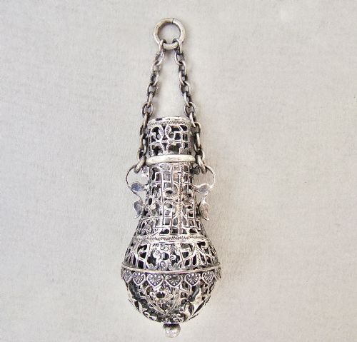 fig 1. RARE VICTORIAN SILVER CASED GLASS CHATELAINE SCENT BOTTLE, CIRCA 1880