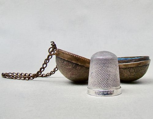 fig 1. EXQUISITE VICTORIAN SOLID SILVER THIMBLE CASED IN ORMULU CHATELAINE EGG-SHAPED HOLDER
