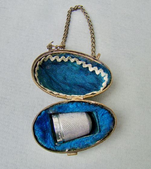 Exquisite Victorian Solid Silver Thimble Cased in Ormulu Chatelaine Egg-shaped Holder
