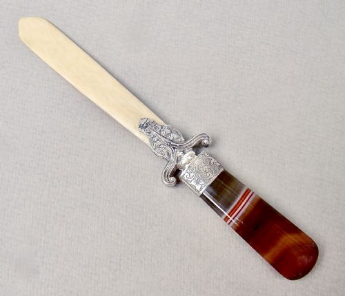 Delightful Victorian Silver and Agate Letter Opener by Crisford and Norris, Birmingham 1900
