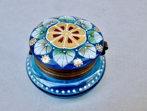 Delightful French Turquoise Glass Enamelled Trinket Box, Circa 1890