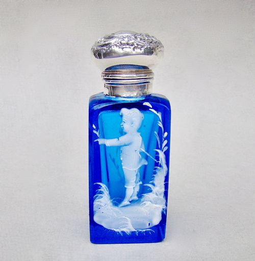 Rare Edwardian Silver Mounted Mary Gregory Enamelled Glass Scent Bottle , Birmingham 1905
