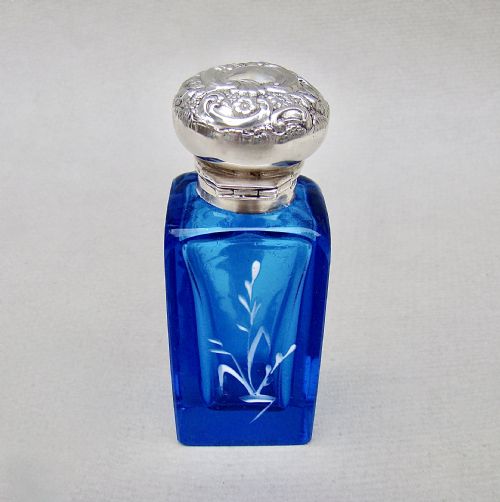 fig 1. RARE EDWARDIAN SILVER MOUNTED MARY GREGORY ENAMELLED GLASS SCENT BOTTLE , BIRMINGHAM 1905